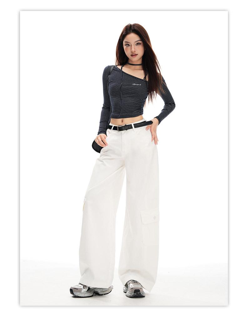Women's Military Green Wide-Leg Jeans: Autumn Curved Knife Design, Loose Fit, Floor-Length Casual Workwear Pants.