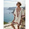 Women's V Neck Short Sleeve Midi Dress Loose Fit Relaxed Waist Elegant British Style 3D Printed Beach Coverup Casual Vacation Dress