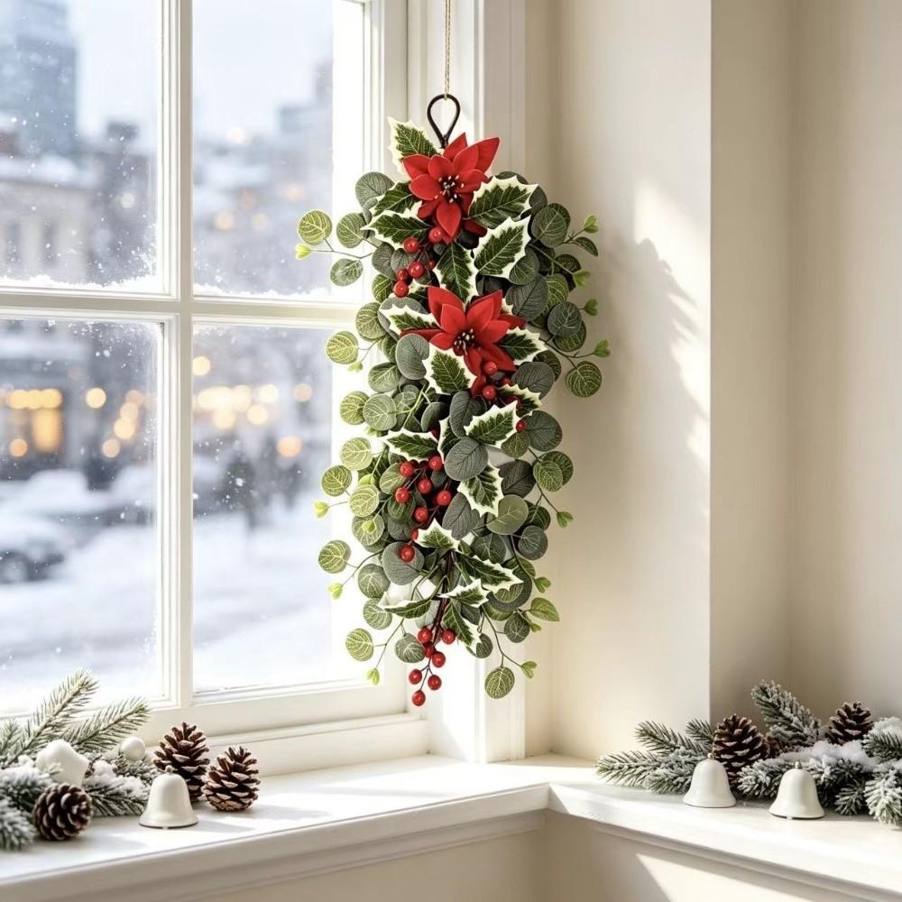 Red Berry Holly Artificial Poinsettia Garland Realistic Poinsettia Pine Wreath  Front Door Decor