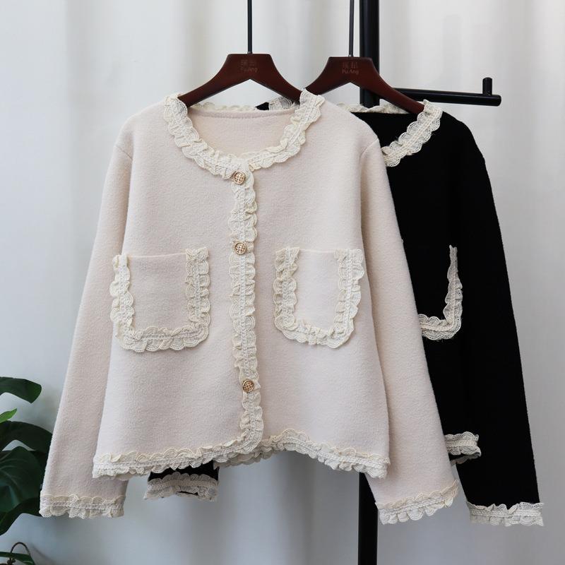 Splicing lace knitted double-sided woolen cardigan autumn and winter new loose temperament sweater jacket women