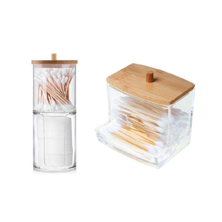 Qtip Holder Dispenser with Bamboo Lid Cotton Ball Pads Swabs Holder Jar Bathroom