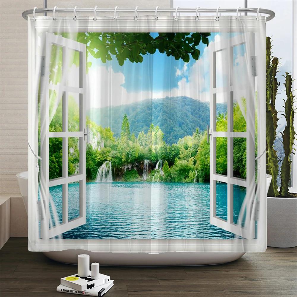 

Flowers Scenery Outside The Window Print Shower Curtain Nordic Natural Landscape Waterproof Home Bathroom Decor With Hooks W60H190(CM)-1 Pcs