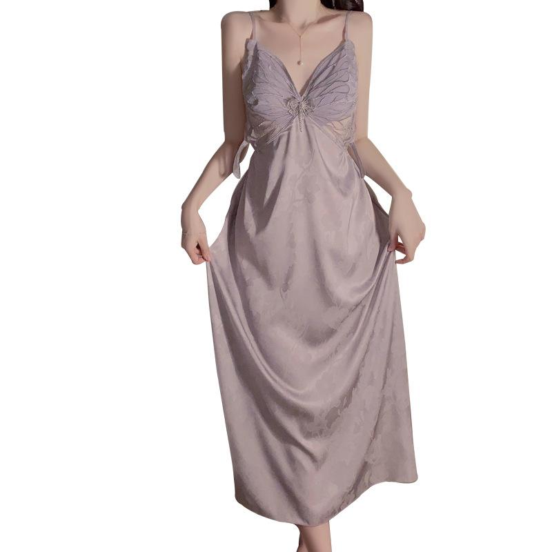 Women’s Long Ice Silk Nightdress Sexy Backless Sleep Dress Push-Up Padded Mesh Cami Sleepwear