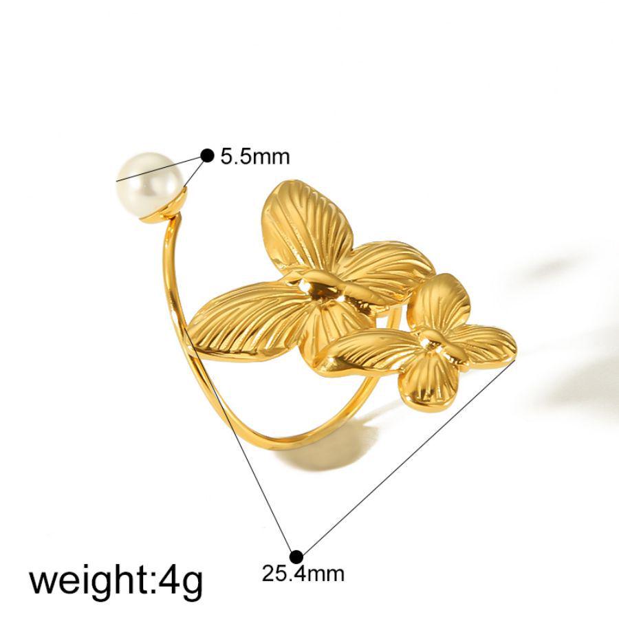 

18K Gold Titanium Steel Butterfly Flower Pearl Ring for Women - Versatile Open Design Adjustable Opening