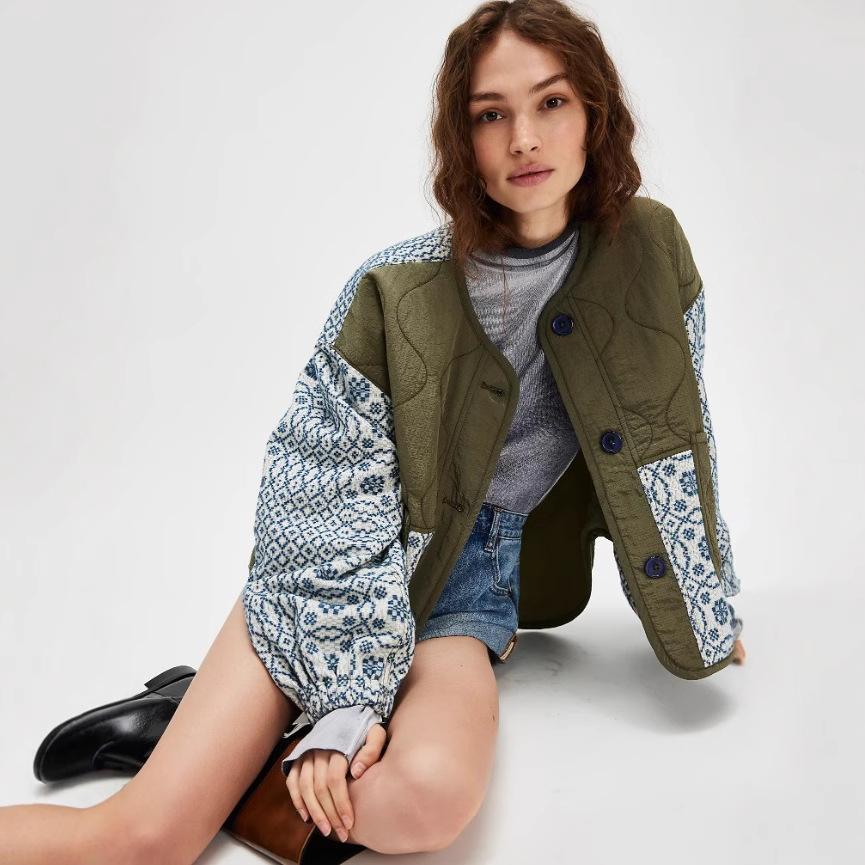 Women's Asymmetric Quilted Left Panel Geometric Print Right Sleeve Casual Jacket