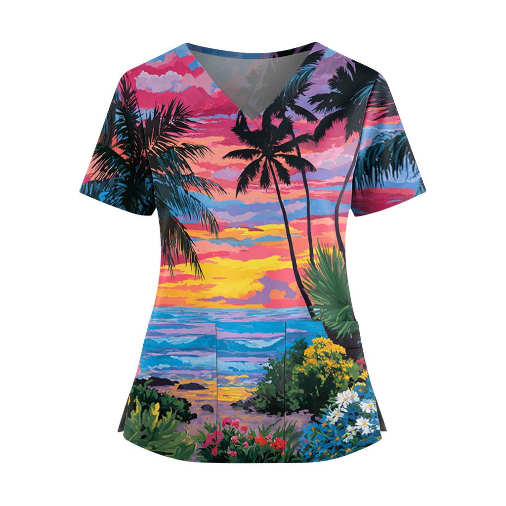 Women's Hawaiian Print V-Neck Double Pocket Short Sleeve Uniform/ Top