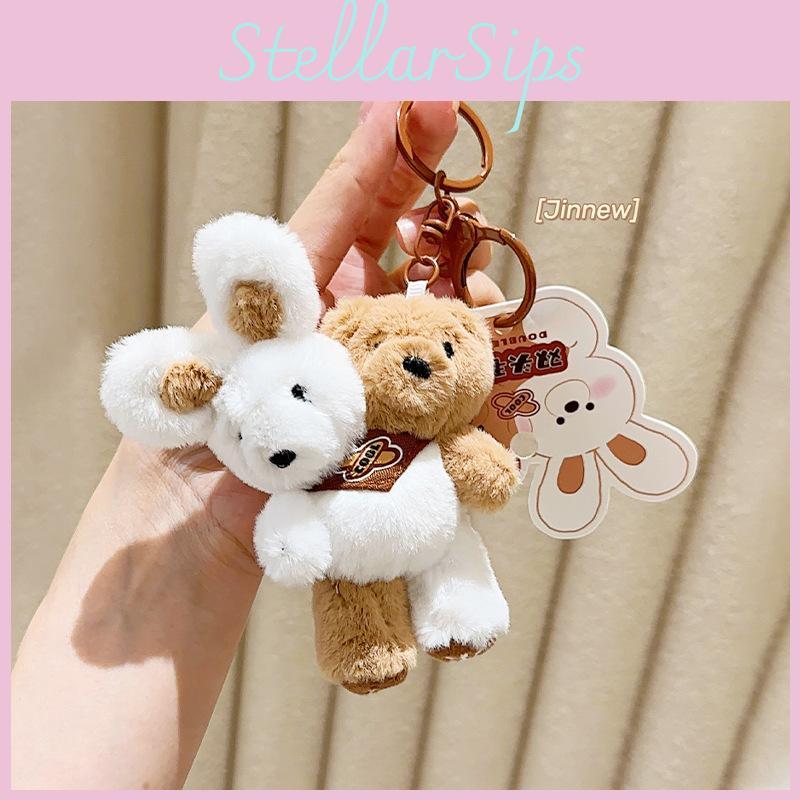 Doubleheaded Whimsical Plush Milk Tea Bear And Bunny Keychain With Cute Colors