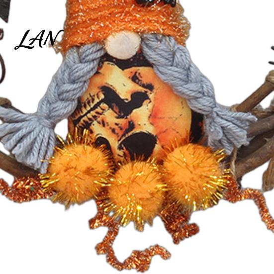Holiday Hanging Ornament Halloween Gnome Rattern Wreath, Handmade Decoration with Spider And Tinsel Accents, Front Porch Decor Wreath for Door