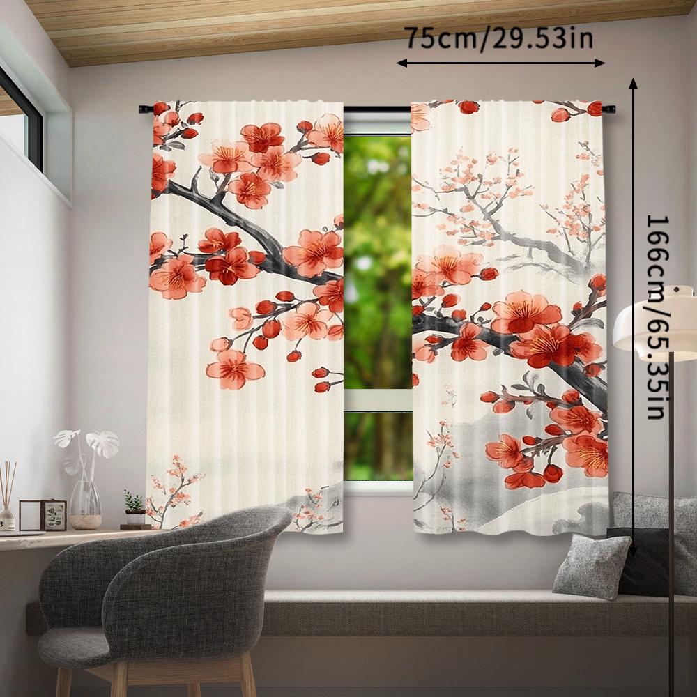 2pcs, Cherry Blossom Curtain for Home Decor, Rod Pocket Window, for Bedroom, Office, Kitchen, Living Room, And Study