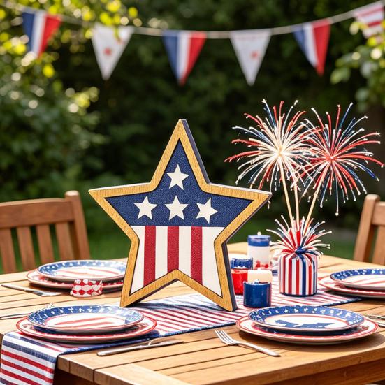 4th of July Rustic Star Wooden Sign, Vintage Star Shaped Block Sign, Patriotic Tiered Tray Centerpiece for Memorial Day, Independence Day Home Table