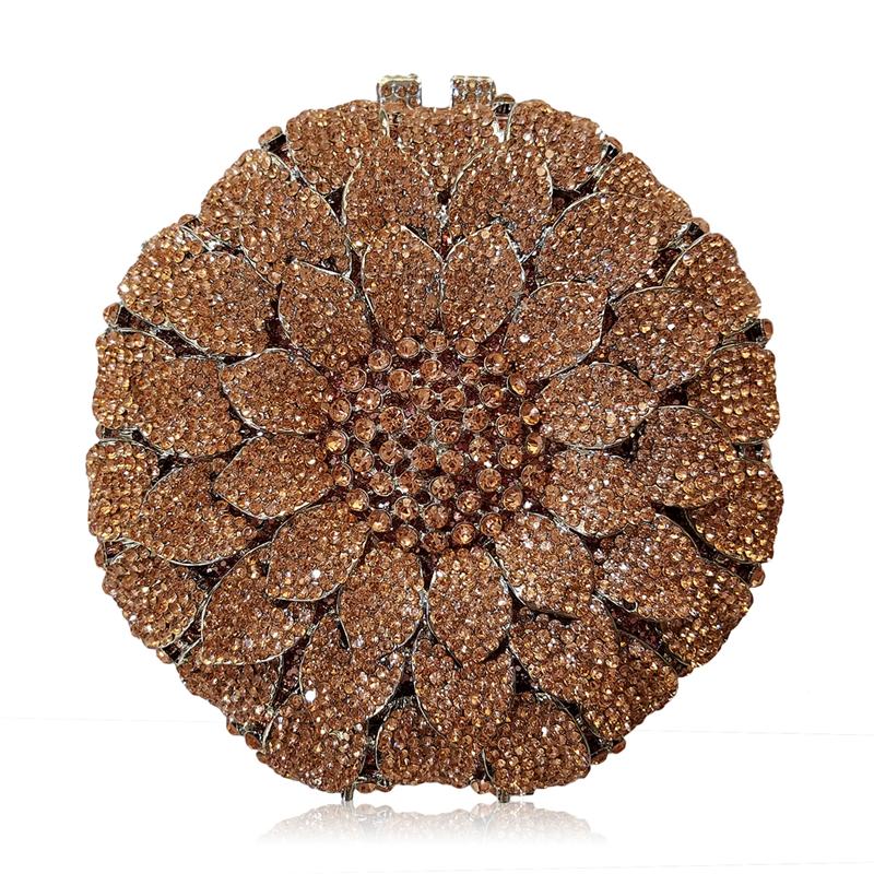 Gold/Yellow Sunflower Clutch Crystal Round Evening Bags Women Wedding Purse Bridal Bags Party Dazzling Diamond Handbags Minaudie