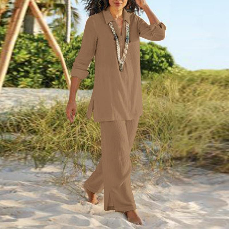 

Large Size Women s Solid Color National Style Retro Pants Suit Cotton and Linen Casual Long-sleeved Loose Cotton Suit 5XL коричневий