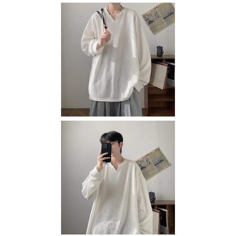 Autumn Korean Streetwear T Shirt Men Fashion Hip Hop Baggy Casual Solid Color Loose Long Sleeve Tees