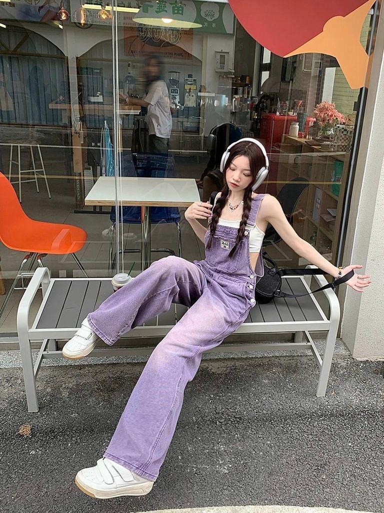 Women's Retro Purple High-Waist Denim Overalls - Slimming, Loose, Wide-Leg Jumpsuit for Spring & Summer