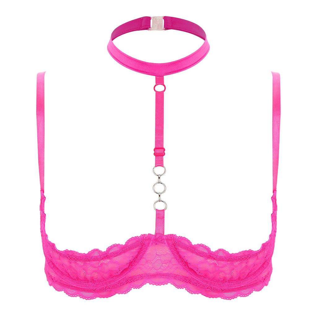 Womens 1/4 Cups Underwire Bra Halter Neck O Ring Sheer Lace Push Up Brassiere Lingerie Underwear