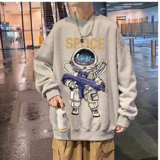 

Hong Kong Style Men s Astronaut Long-Sleeve T-Shirt - Trendy, Versatile, Thin, Loose Fit for Autumn & Spring L светло-серый