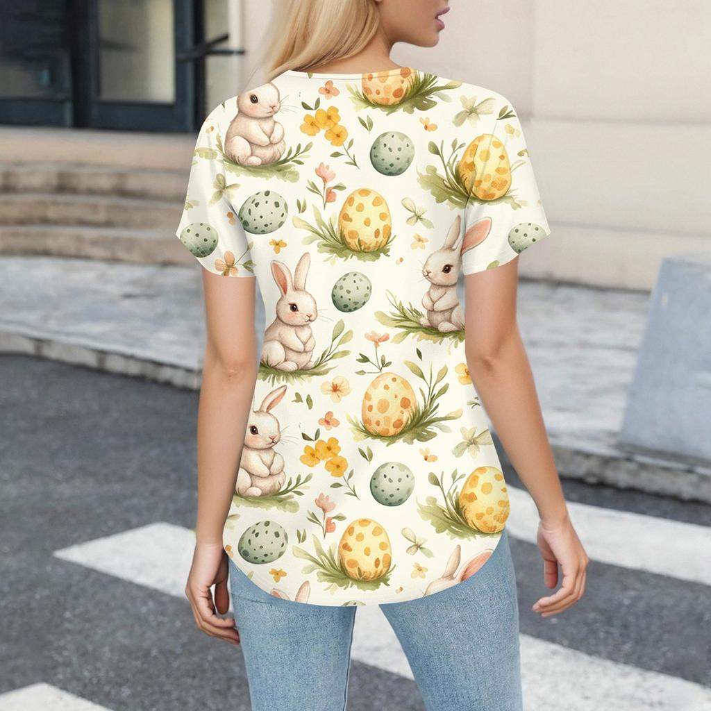 Women's Fashion V-Neck Short Sleeve Overalls With Pockets Easter Print Tops  Clothes