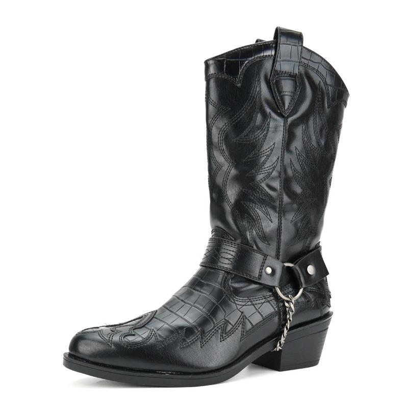 Men Western Cowboy Boots Designer Crocodile Pattern Mid-calf Boot Metal Buckle Chain Design Men Boots Trendy Street Knight Boots 40 чёрный 7740₽