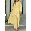 Women's Round Neck Three Quarter Sleeve Irregular Long Tunic Top High Waist Wide Leg Pants Two Piece Linen Set Casual Beach Vacation Outfit