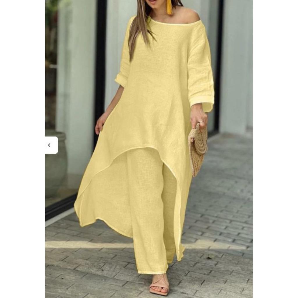 Women's Round Neck Three Quarter Sleeve Irregular Long Tunic Top High Waist Wide Leg Pants Two Piece Linen Set Casual Beach Vacation Outfit