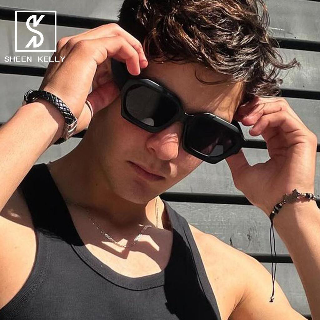 Retro Thick Hexagonal and Extra Chunky Black 90s Style Eyewear [SHEEN KELLY] Sunglasses, Men's Women's Fashion, Large, Sunglasses,