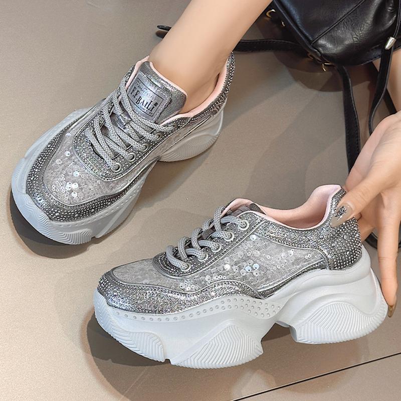 Fashion Casual Leather Casual Shoes Rhinestones High Top Sneakers Chunky Sneakers New Women's Designer Punk Shoes Size 35-40