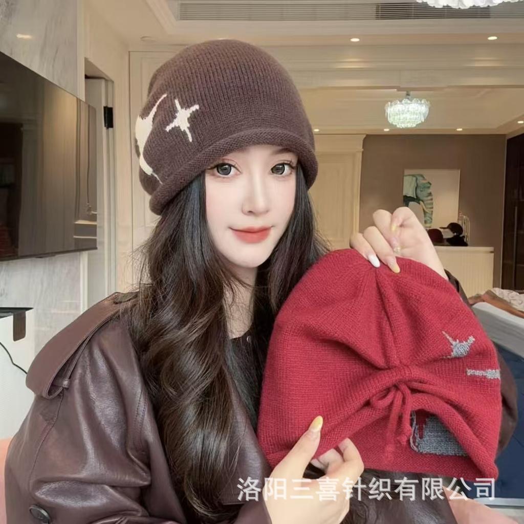 New autumn and winter star-patterned knitted beanie for women, warm and face-slimming, trendy and cute fashion hat