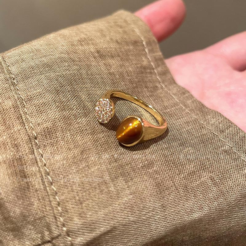 Maillard Tiger s Eye Stone Zircon Ring Raw Autumn Index Finger Ring Fashion Personality Ring open adjustable