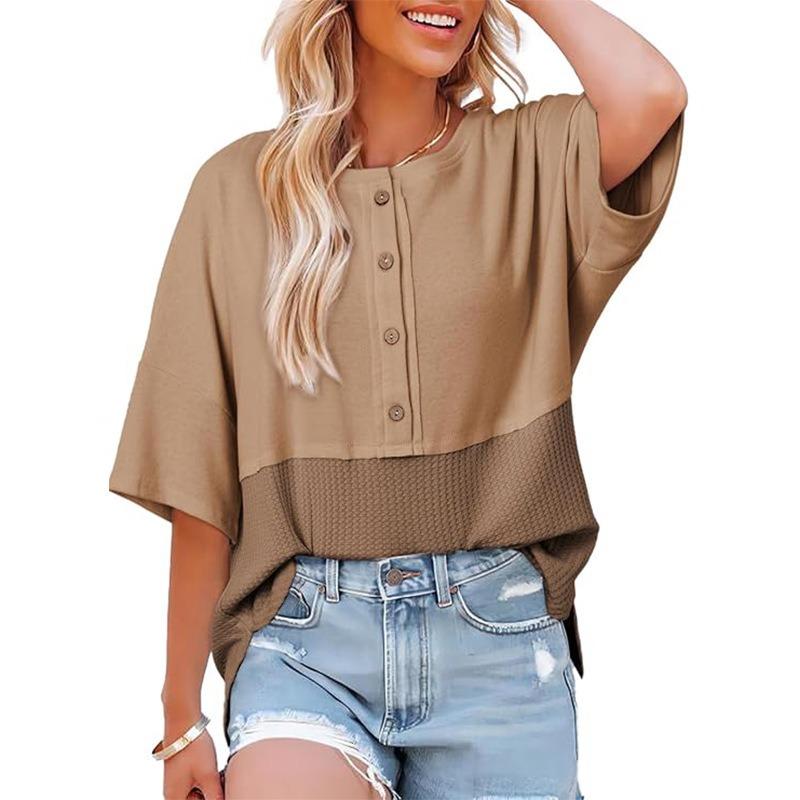 Summer New Women's Fashion Three-quarter Sleeve Casual Round Neck Buttoned Splicing Loose T-shirt