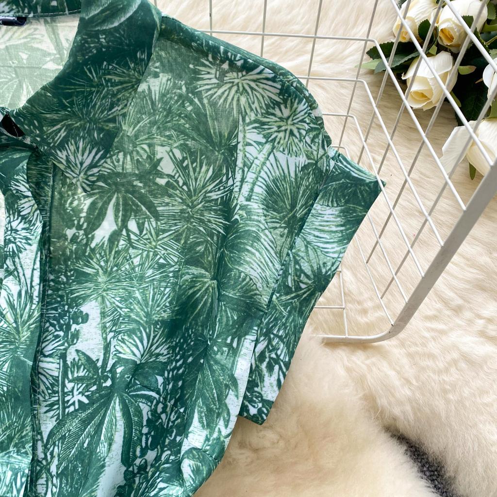 Women's Lapel Collar Vintage Midi Shirt Dress Summer Runway Pleated Short Sleeve Retro Jungle Print Belt Ladies Midi Dresses