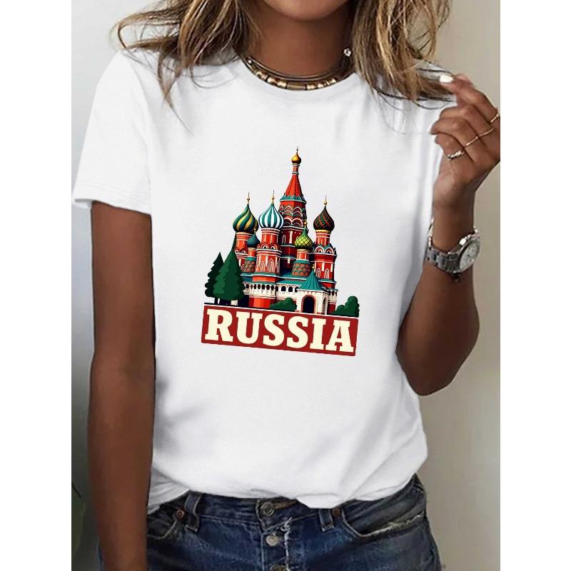 European sizes Women s Russia-Themed St. Basil s Cathedral T-Shirt Black Souvenir Top with Moscow Landmark Print, Cyrillic Text & Iconic Red Domes S