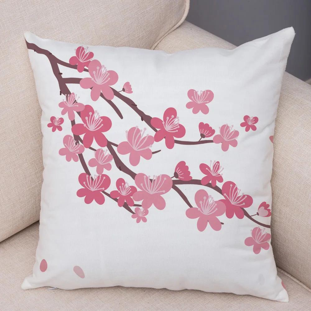 Pink Peach Blossom Cushion Cover Decor Watercolor Cartoon Plant Tree Pillow Case for Sofa Home Car Soft Plush Pillowcase 45x45cm