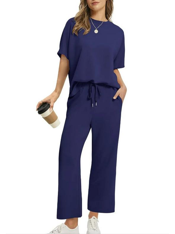 2025 Summer Women's Casual Set: Short-Sleeve Top & Wide-Leg Seven-Point Pants