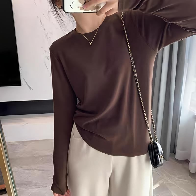 Women's Slim Fit Long-Sleeve Round Neck T-Shirt - Solid Color, High Street Autumn Style