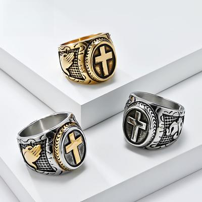 European and American Art Retro Prayer Hand Cross Titanium Steel Ring for Men Hot Selling and Explosive Item