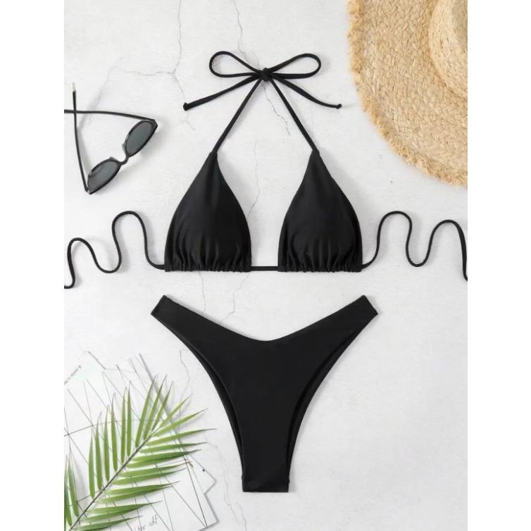 2025 Women White Bikini Chest Padded New Sexy Halter Bikini Two-Piece Set with Drawstring Straps Solid Brazilian Bathing Suit