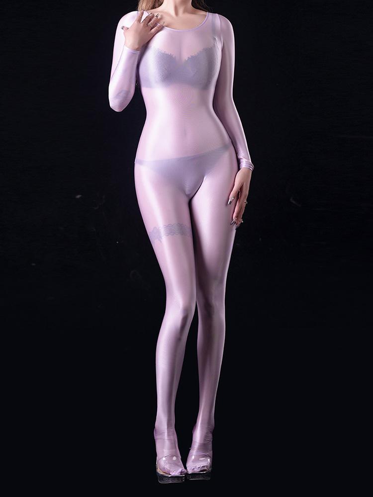 Cosplay Sexy Oil Glossy Elastic Bodysuit Bodycon Rompers One-Piece Thong Silky Maid Tights Satin Jumpsuits Candy Color Leotard