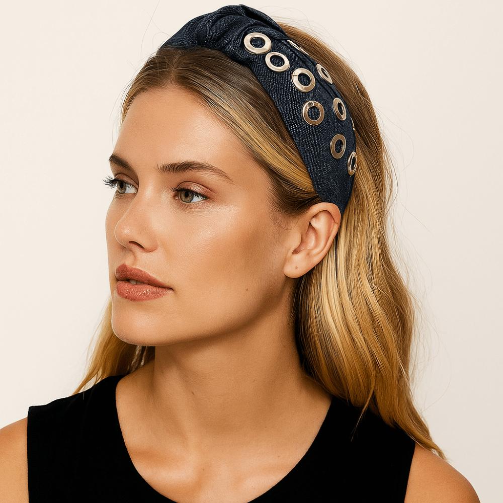 Y2K Denim Headband Wide Hollowed Out Eyelets Headband Hair Accessories Punk Hairband  Party