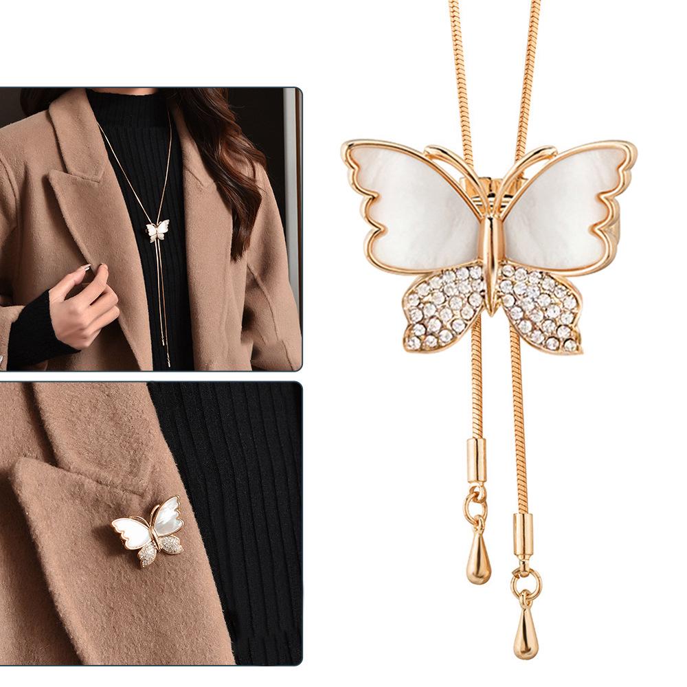 Adjustable Rhinestone Butterfly Necklace with Shell Pendant and Sweater Chain