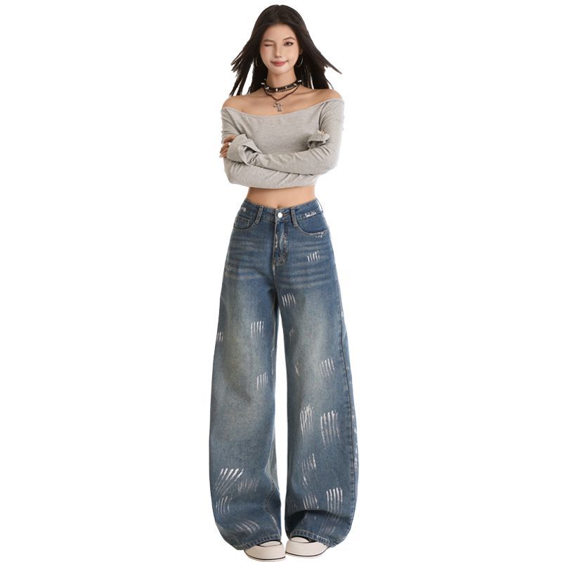 Autumn Winter Vintage Blue Silver Print High Waist Slim Floor Straight Wide Leg Denim Pants Women Casual Pants Oversize Denim Trousers