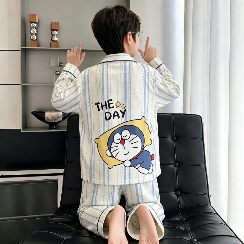 Boys Cotton Pajama Set Long Sleeve Thin Sleepwear Cartoon Print Hoodie Style Home Wear Kids 8