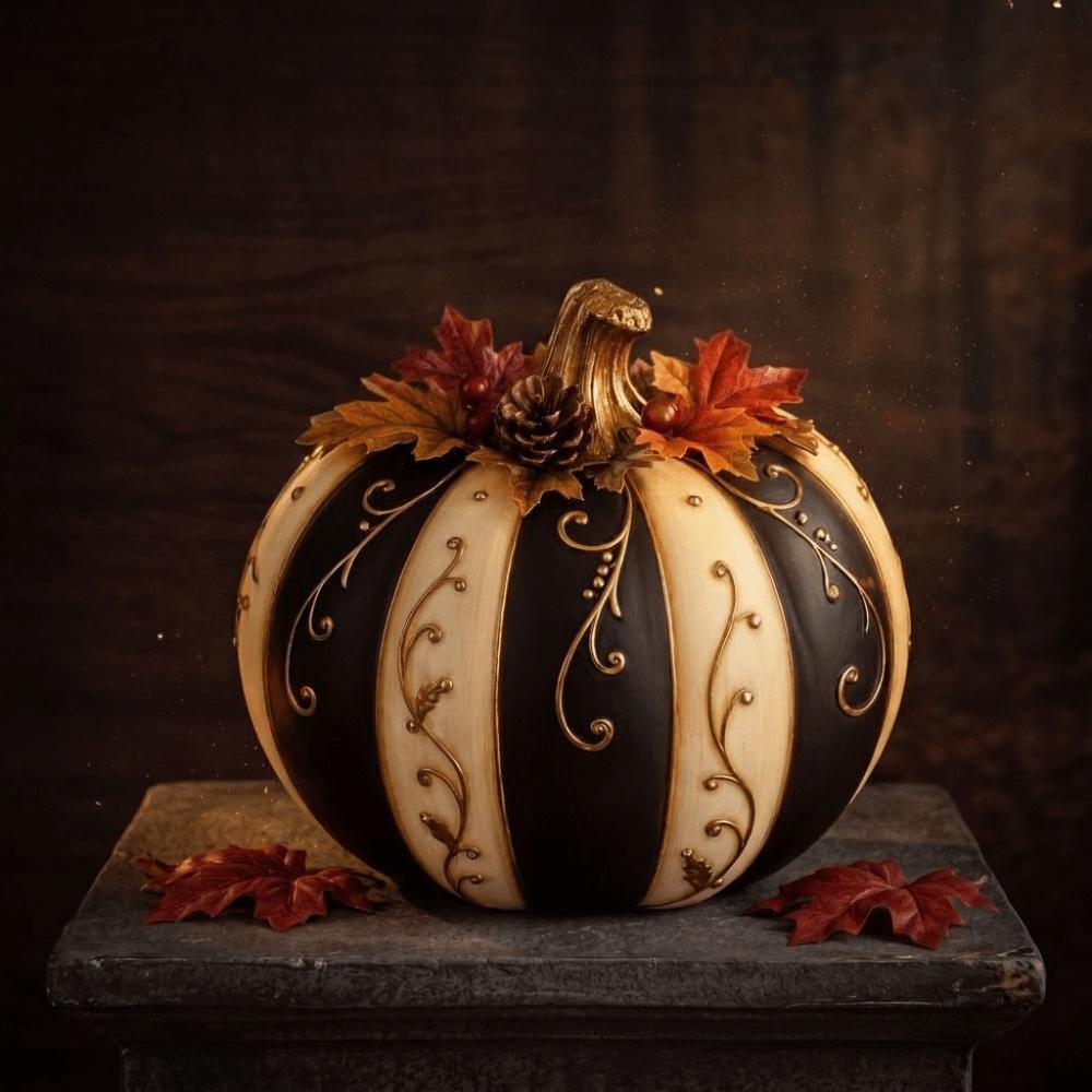 Goldenes Muster Kürbis Dekoration Schwarz Weiß Gestreiftes Design Halloween Ornament Heimdekoration