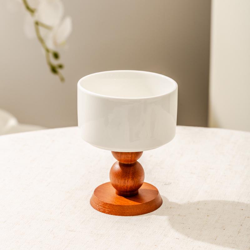 Retro Ceramic Cup with Wooden Stem: French Dessert, Ice Cream, Pudding, or Candle Holder