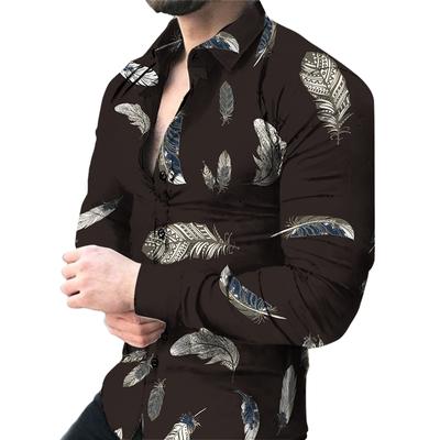 Men's Long-sleeved 3D Feather Print Shirt, Party and Vacation Slightly Elastic and Breathable Digital Print Shirt