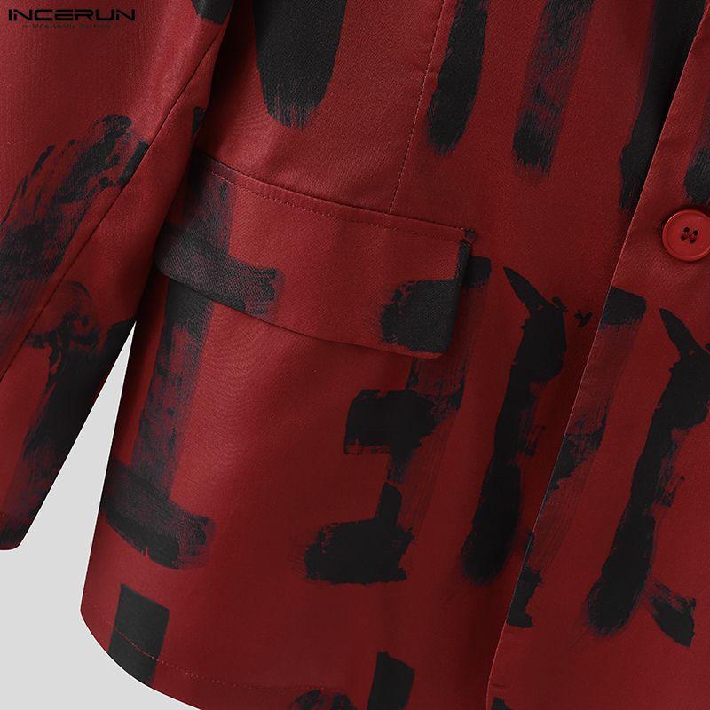 INCERUN Oversized Spring Men Lapel Neck Long Sleeve Print Button Thin Blazer Coats