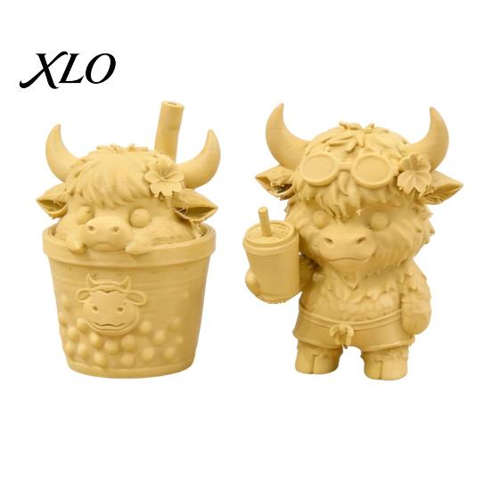 Handheld Drink Calf 2Pcs Cute Highland Cow Figurine, 3D Printed Bubble Tea Statues, Desktop Landscaping Ornament Summer Farmhouse Style Ornaments,