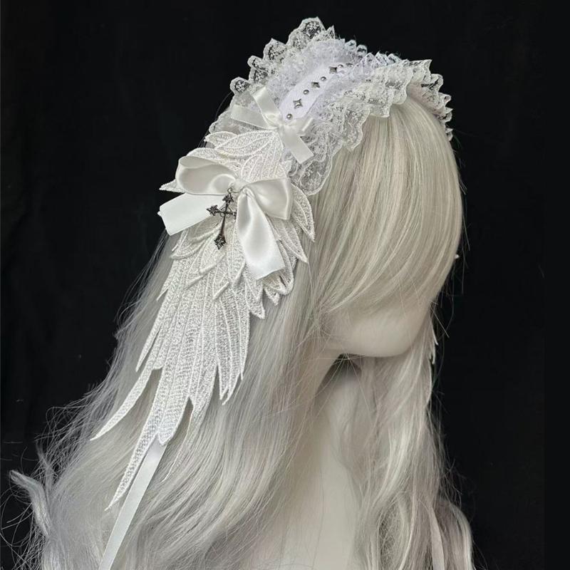 Elegant Lace Trim Headband With Angelic Wing Anime Hairhoop Hair Decoration For Special Occasion Masquerade Headpiece