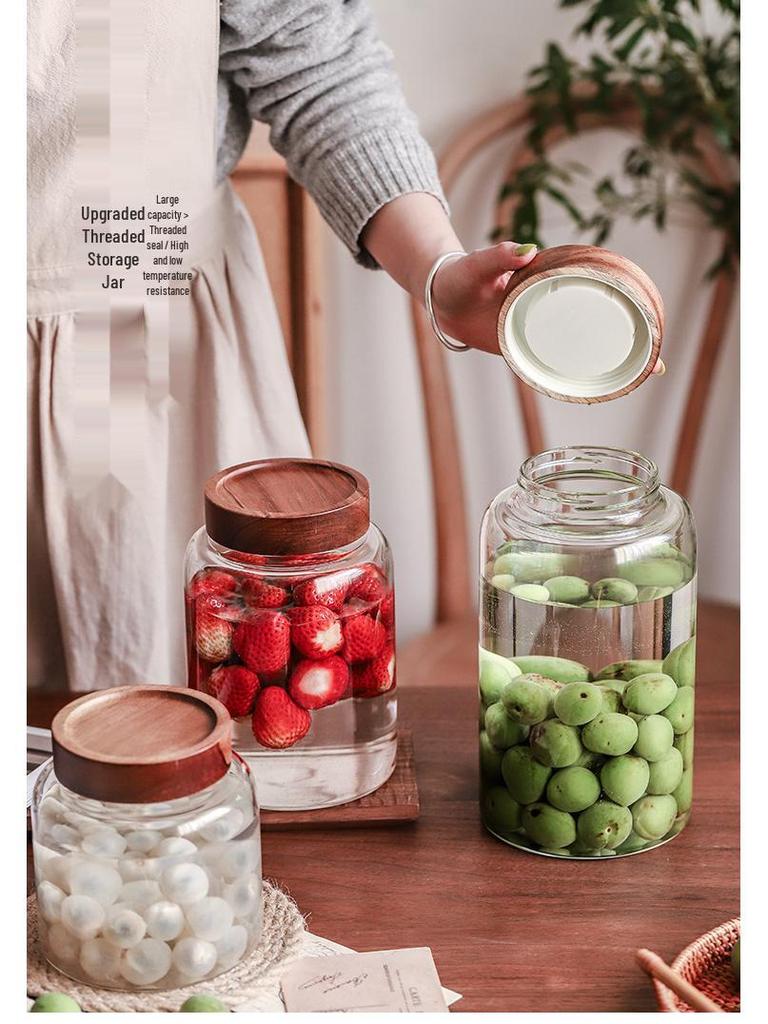 Large Capacity Threaded Glass Jar with Wooden Lid for Storage - Suitable for Green Plum, Grape Infused Wine, Dried Tangerine Peel, and Grains.