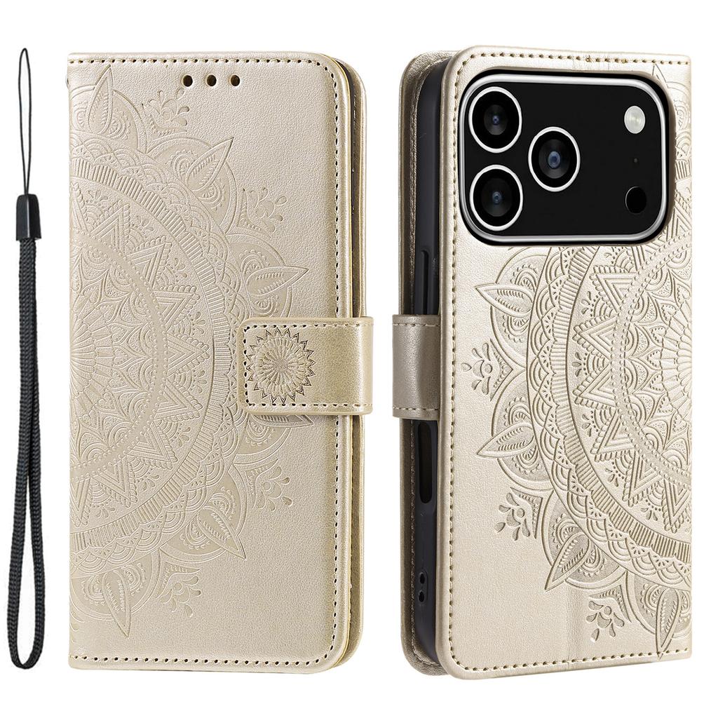 For iPhone 17 Pro Stand Case Imprinted Totem PU Leather Wallet Phone Cover with Wrist Strap