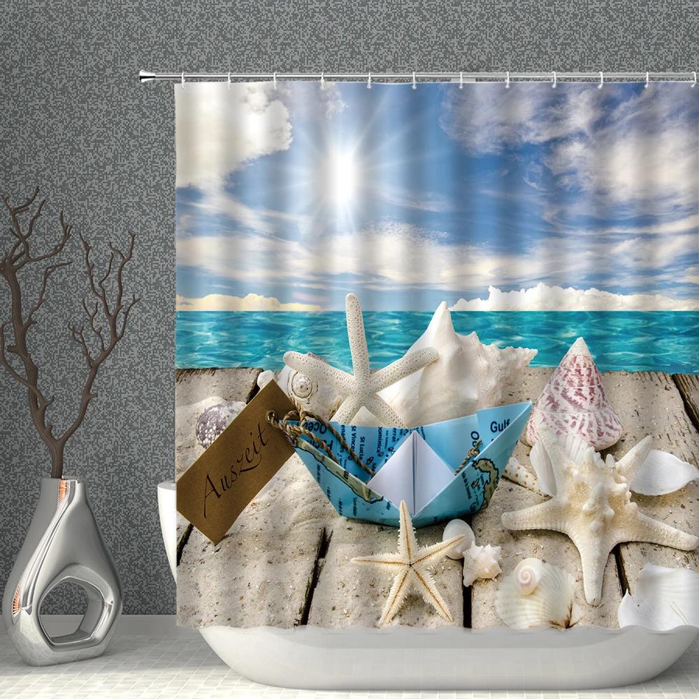 Starfish Shower Curtain Set Starfishs Shells Seascape Ocean Bath Curtains Waterproof Fabric White Blue Bathroom Screen Decor